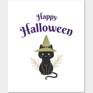 Black Cat Illustration Round Sticker Halloween Posters and Art